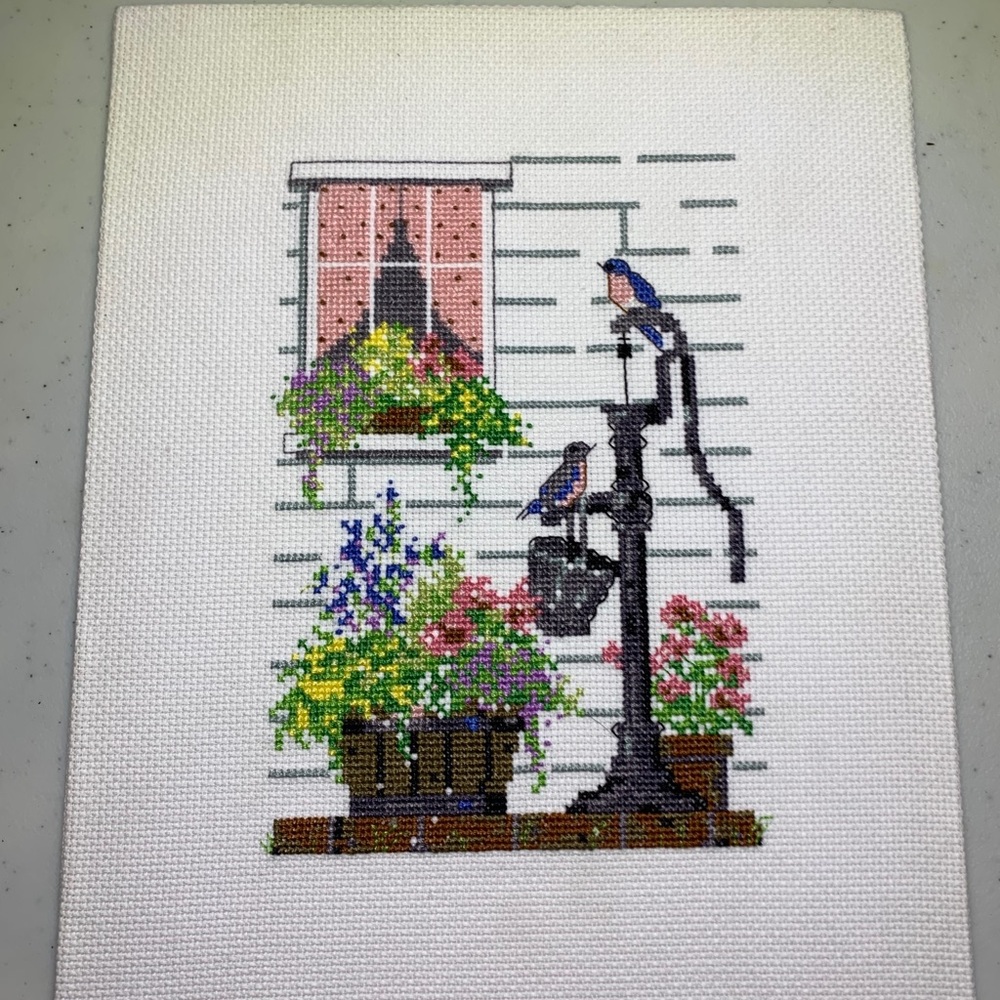 Handmade Cross Stitch Picture of Flowers & Pump